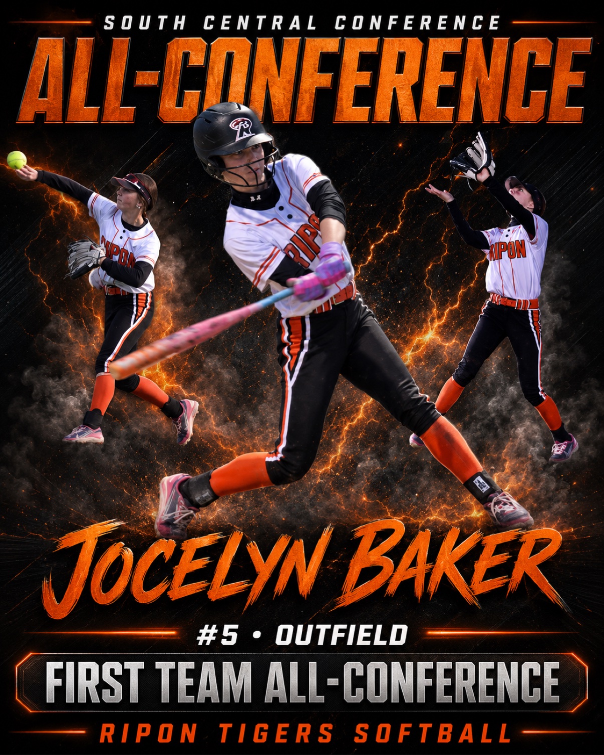 Jocelyn Baker First Team All-Conference number 5 outfield graphic