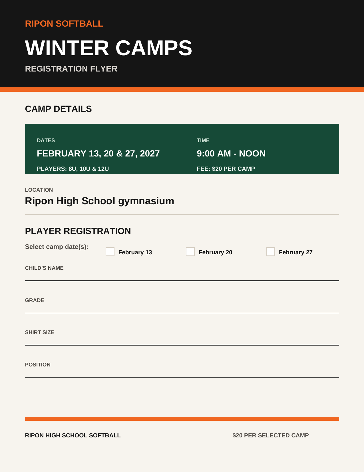 Preview of the Ripon Softball winter camps registration flyer